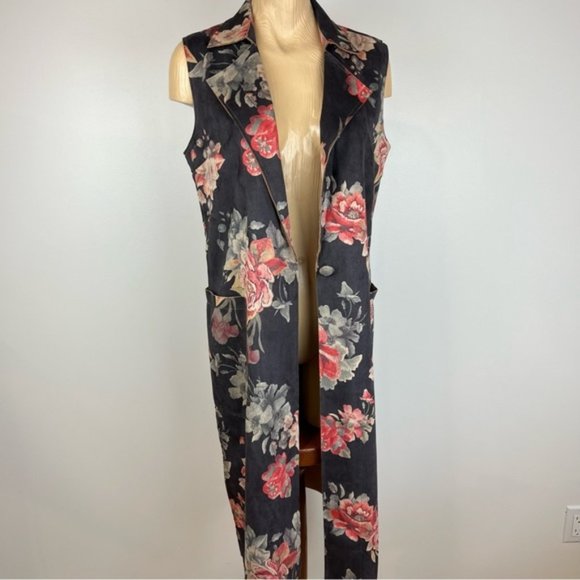 Anthropologie Solitaire Boho faux suede Long Line Sleeveless Floral Vest M - Picture 1 of 10